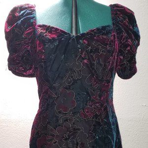 Vintage 80s Velvet Floral Cocktail Dress - LA GLO - Size 9/10